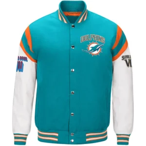 Miami Dolphins Satin Varsity Jacket Teal & White