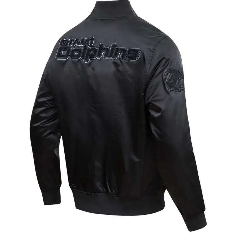 Miami Dolphins Triple Black Satin Varsity Jacket - Image 2