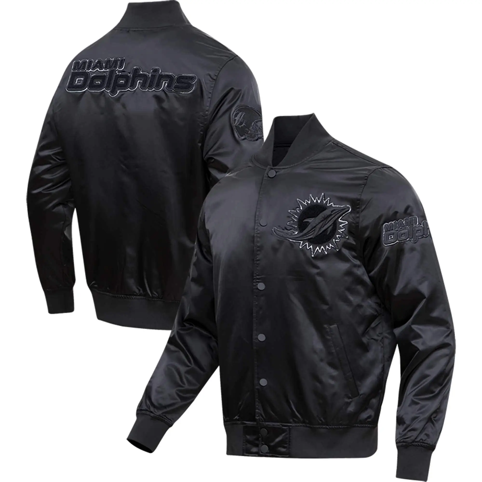 Miami Dolphins Triple Black Satin Varsity Jacket - Image 3