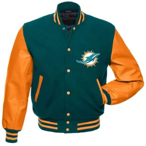 Miami Dolphins Letterman Wool & Leather Varsity Green & Orange