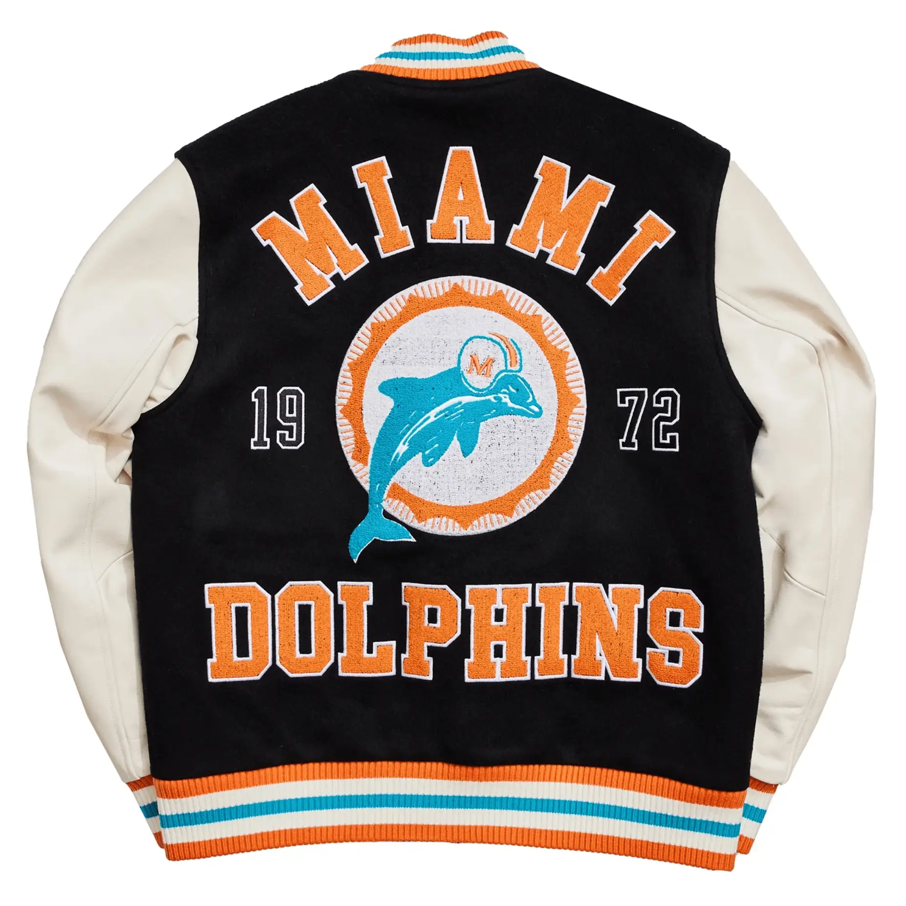 Miami Dolphins Letterman Wool & Leather Varsity Jacket Black & White - Image 2