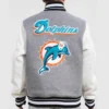 Miami Dolphins Classic Wool & Leather Varsity Jacket Heather Grey & White - Image 2