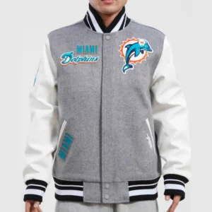 Miami Dolphins Classic Wool & Leather Varsity Jacket Heather Grey & White
