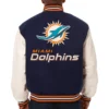 Miami Dolphins Two Tone Wool & Leather Varsity Jacket Navy & White - Image 2