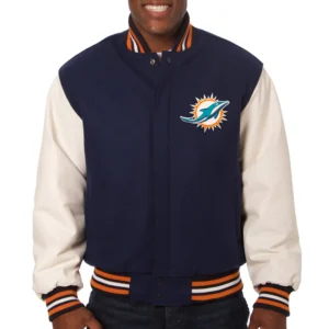Miami Dolphins Two Tone Wool & Leather Varsity Jacket Navy & White