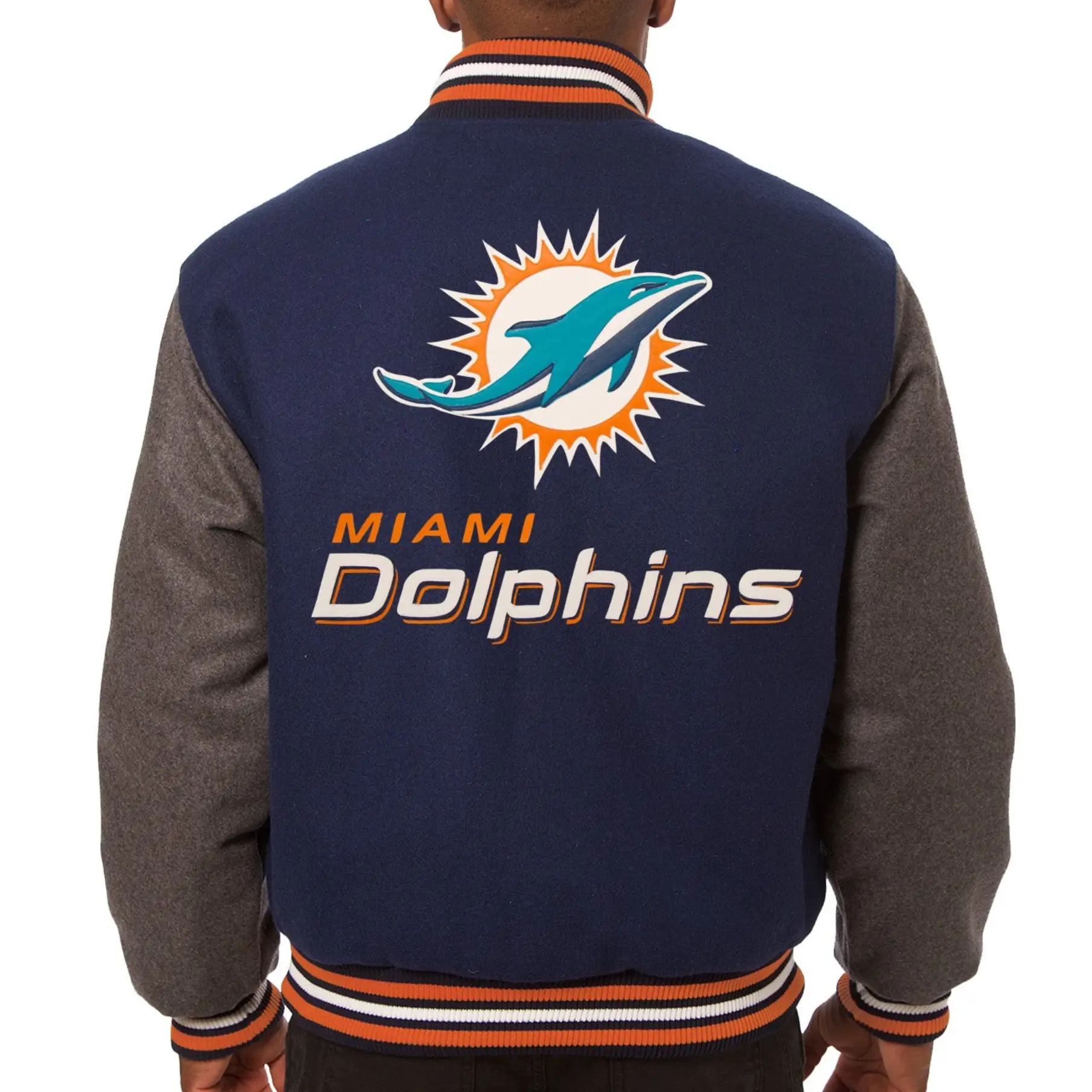 Miami Dolphins Full Wool Two Tone Varsity Jacket Navy & Grey - Image 2
