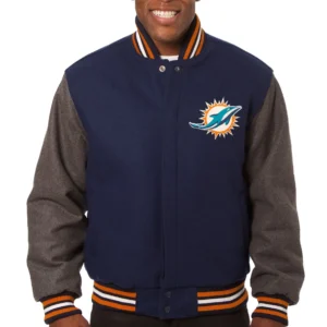 Miami Dolphins Full Wool Two Tone Varsity Jacket Navy & Grey