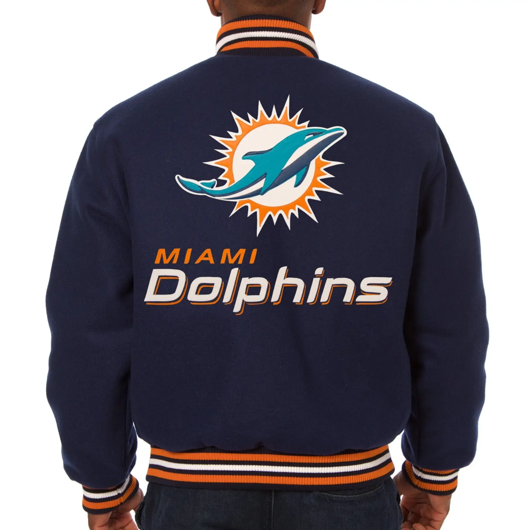 Miami Dolphins Full Wool One Color Varsity Navy Jacket - Image 2
