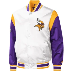 Minnesota Vikings Pitch Classic Rib Starter White Satin Varsity Jacket
