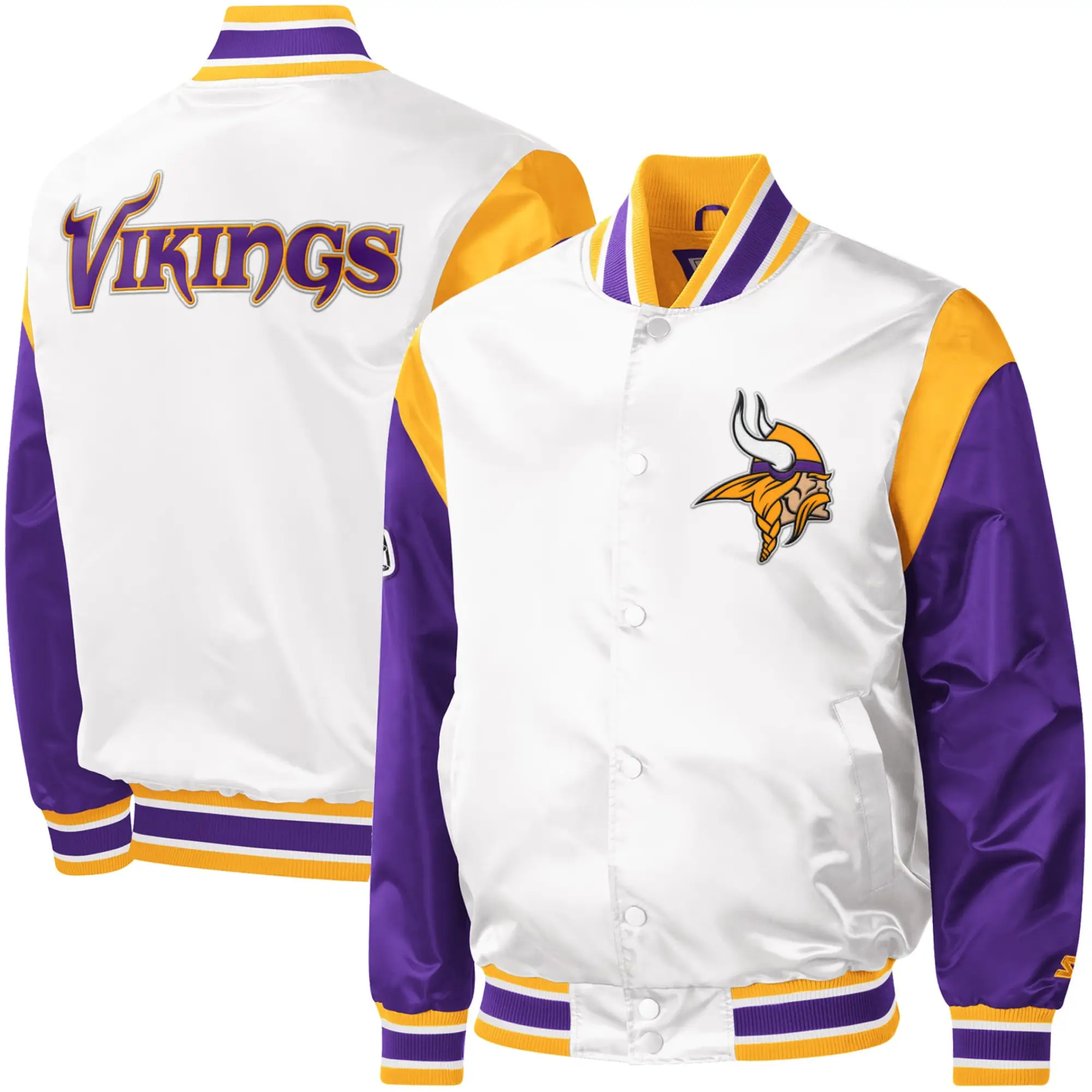 Minnesota Vikings Pitch Classic Rib Starter White Satin Varsity Jacket - Image 3
