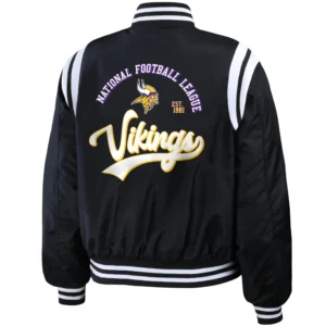 Alternative view of Minnesota Vikings Full Zip 2.0 Logo Black Satin Varsity Jacket