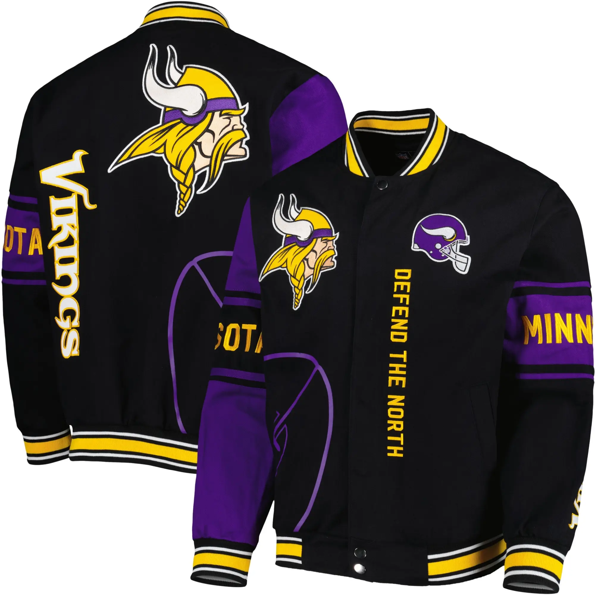 Minnesota Vikings Twill Full-Snap Satin Varsity Jacket Black & Purple - Image 3