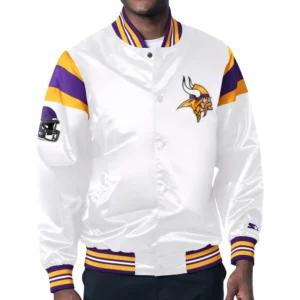 Minnesota Vikings Full-Snap White Satin Varsity Jacket