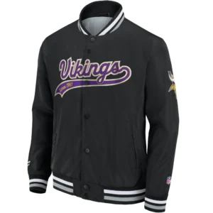 Minnesota Vikings Bomber Snap-Tab Black Satin Varsity Jacket