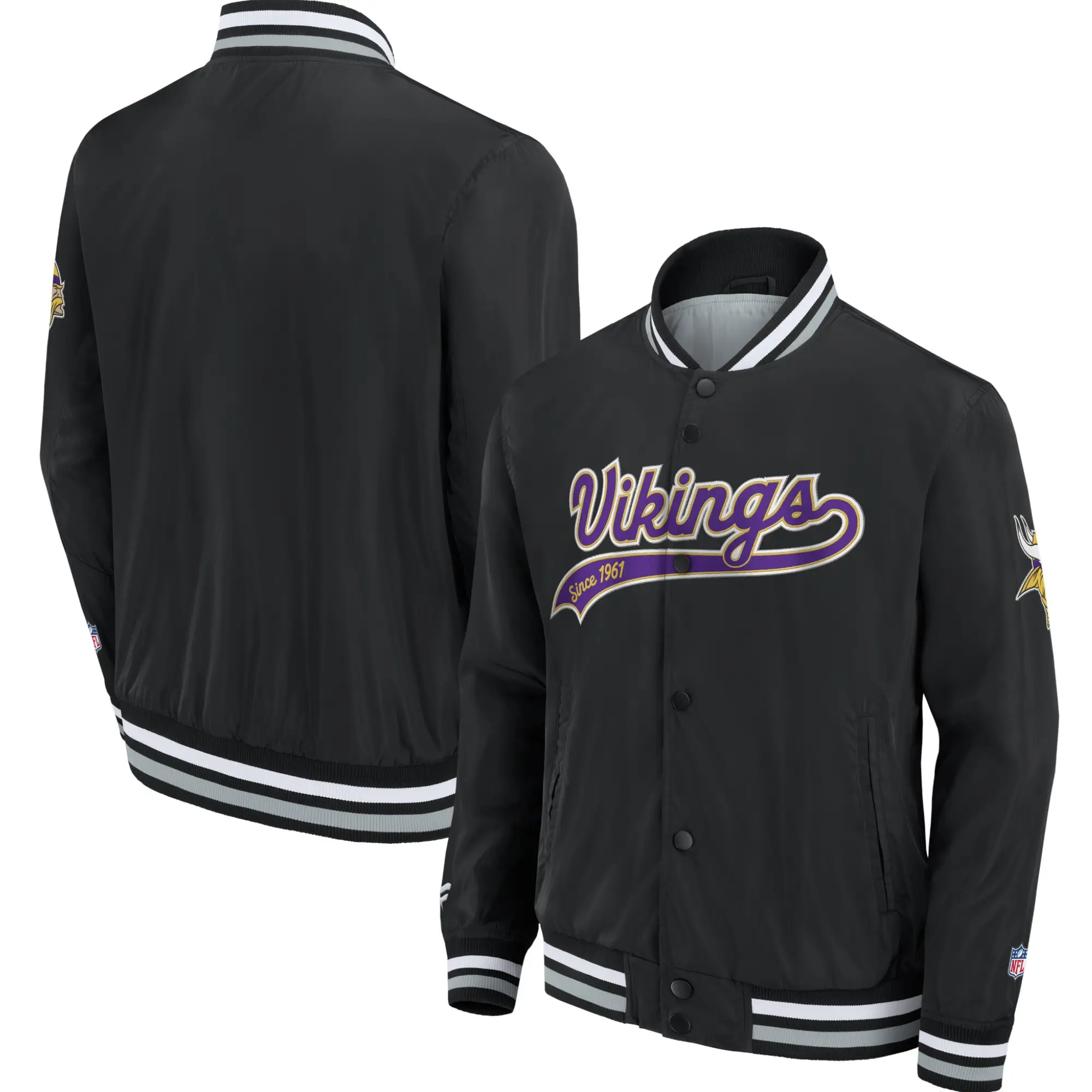 Minnesota Vikings Bomber Snap-Tab Black Satin Varsity Jacket - Image 3