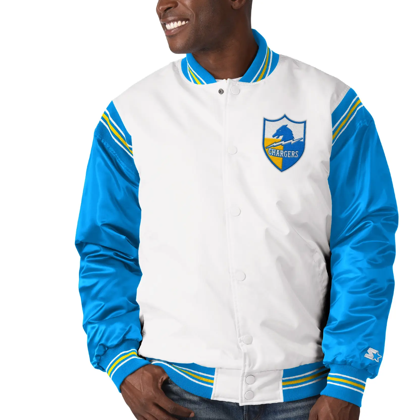 NFL Los Angeles Chargers The Enforcer Satin White/Blue Varsity Jacket - Image 4