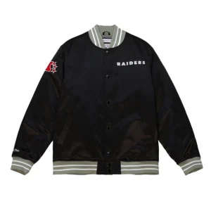NFL Los Vegas Raiders Team Legacy Logo Heavyweight Black Satin Varsity Jacket