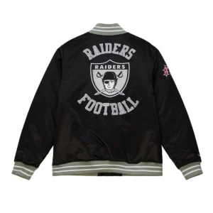 Alternative view of NFL Los Vegas Raiders Team Legacy Logo Heavyweight Black Satin Varsity Jacket