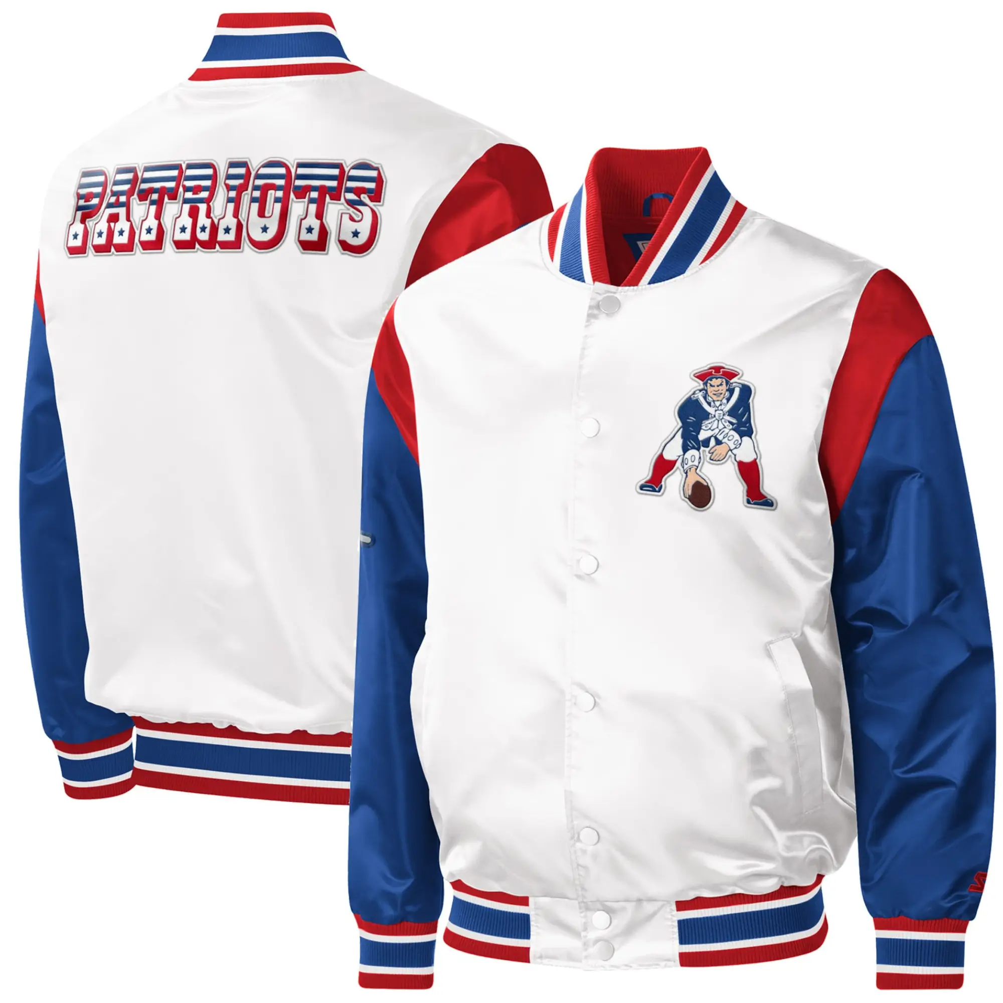 New England Patriots Pitch Satin Varsity Jacket White & Blue - Image 3