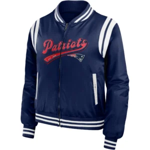 New England Patriots Full Zip Navy Satin Varsity Jacket