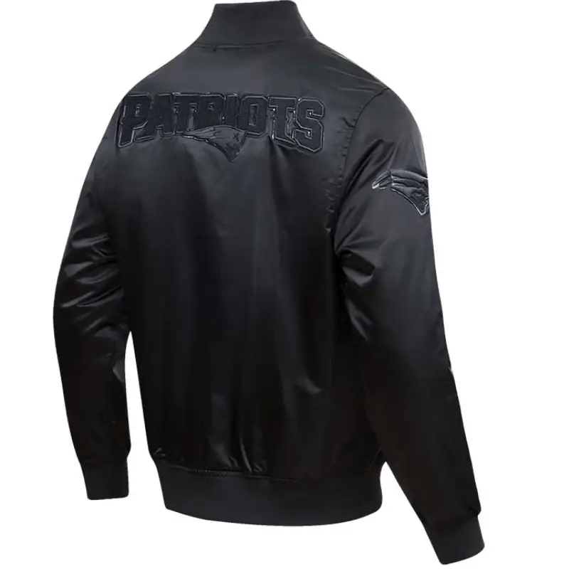 New England Patriots Triple Black Satin Varsity Jacket - Image 2