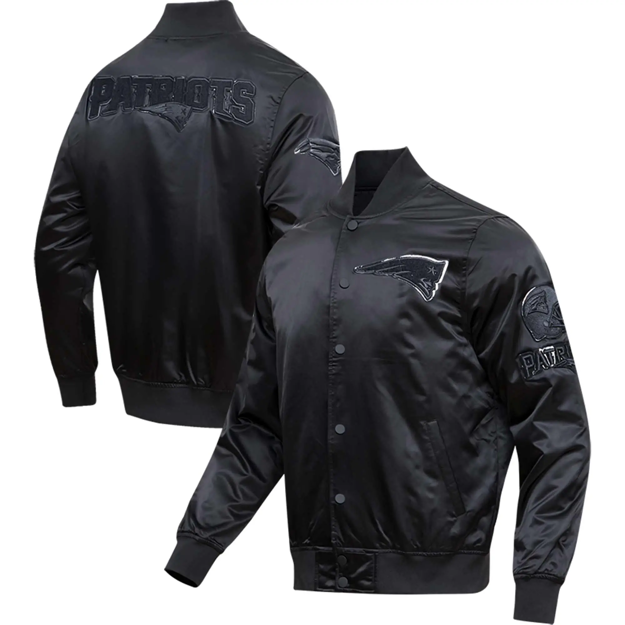 New England Patriots Triple Black Satin Varsity Jacket - Image 3