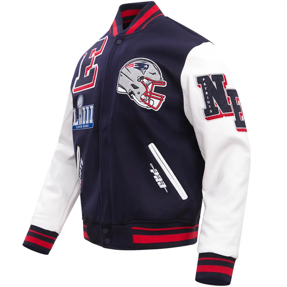 New England Patriots Mashup Wool & Leather Varsity Jacket Navy & White - Image 3