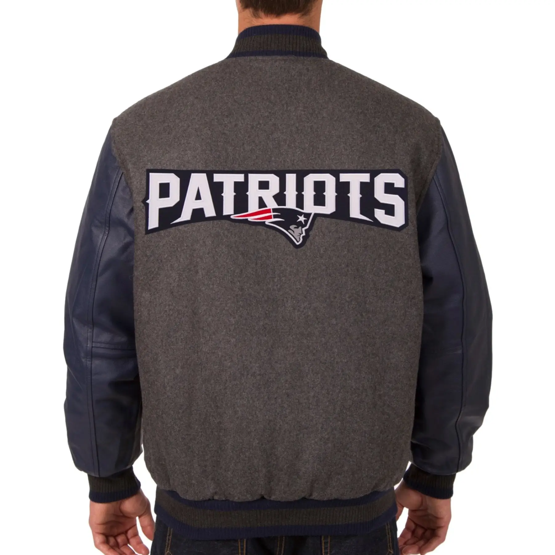New England Patriots Wool & Leather Reversible Varsity Jacket charcoal & Navy - Image 2