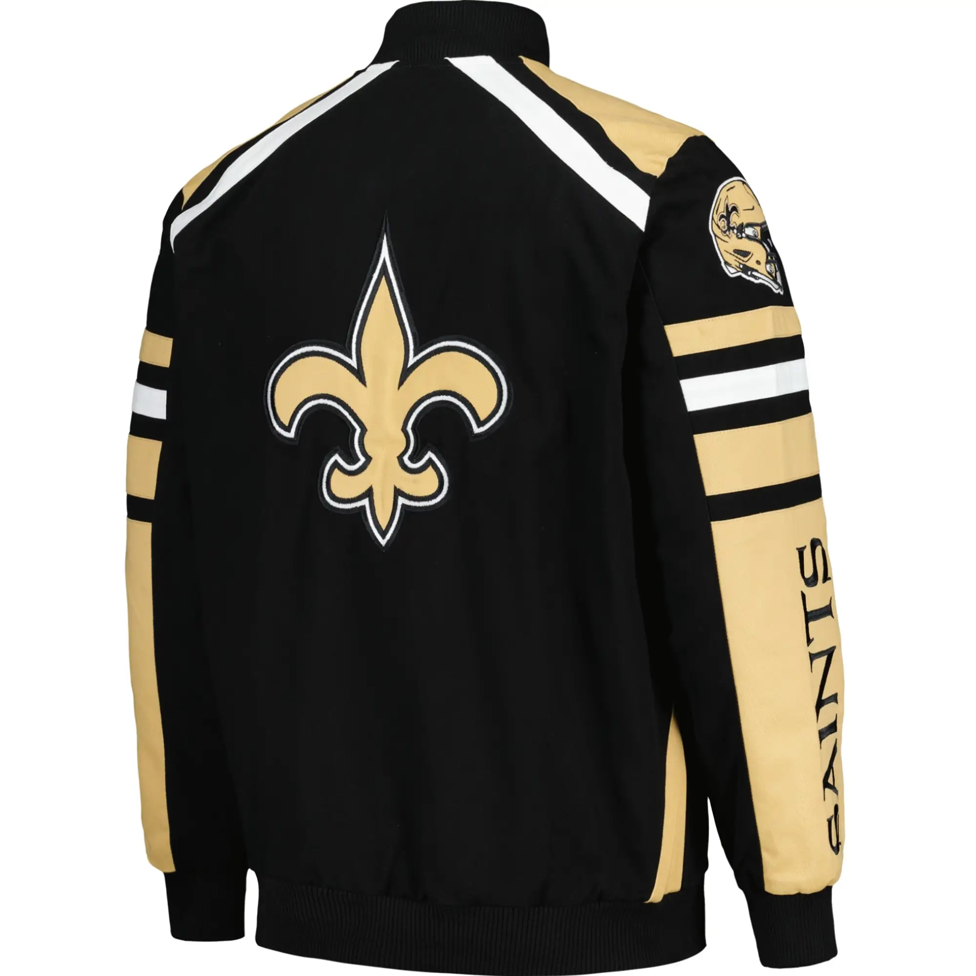 New Orleans Saints Logo Black & Golden Satin Varsity Jacket - Image 2