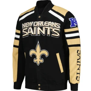 New Orleans Saints Logo Black & Golden Satin Varsity Jacket
