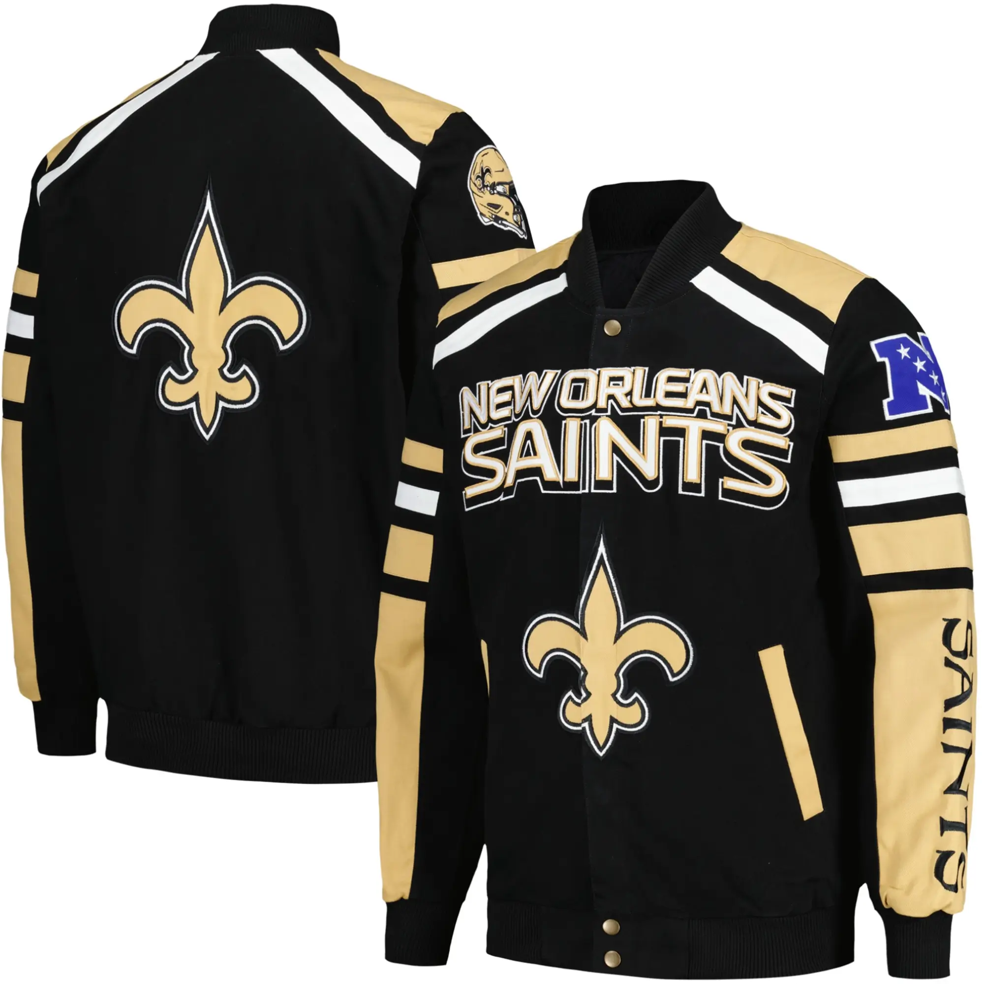 New Orleans Saints Logo Black & Golden Satin Varsity Jacket - Image 3
