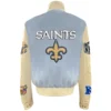 New Orleans Saints Baby Blue Wool & Leather Varsity Jacket - Image 2