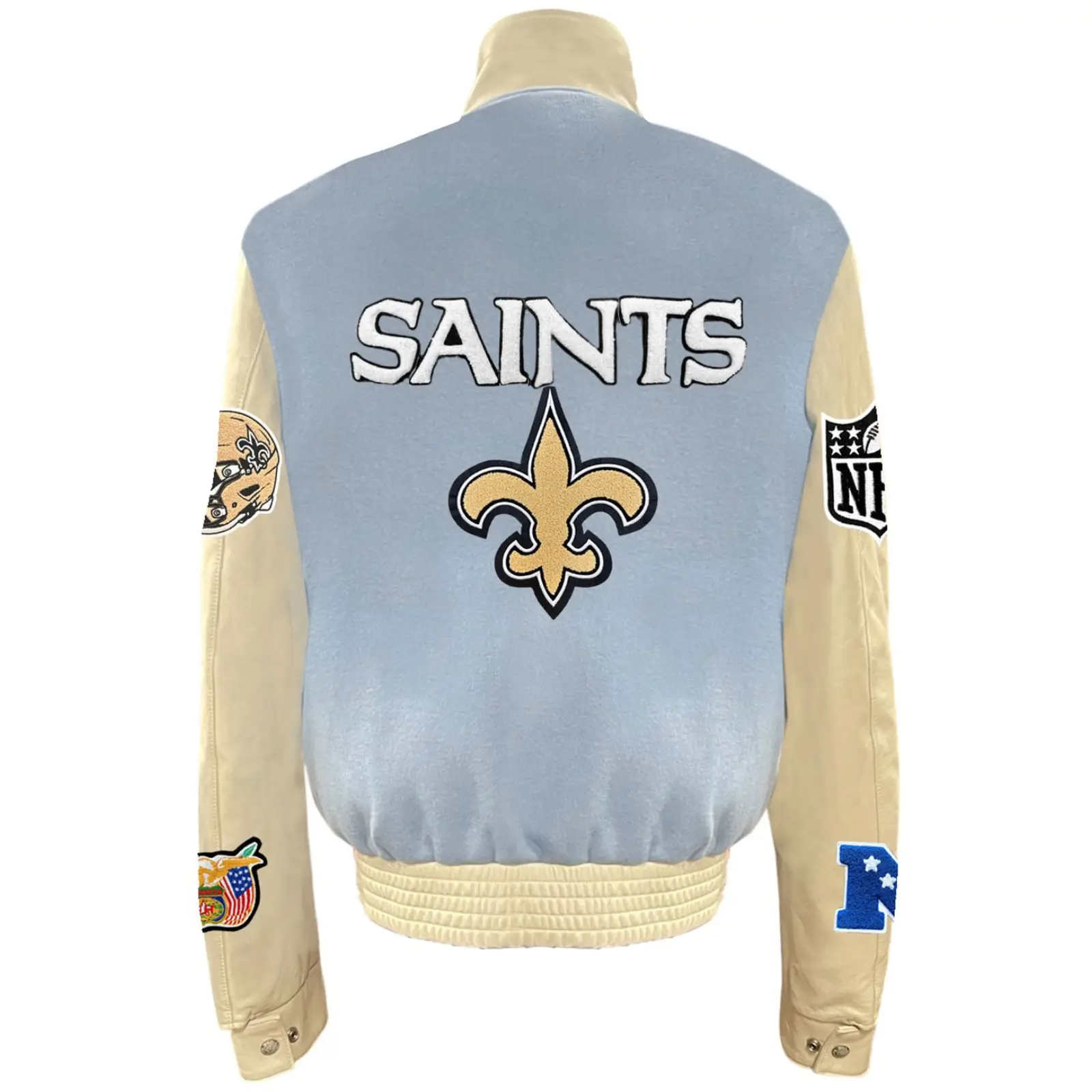 New Orleans Saints Baby Blue Wool & Leather Varsity Jacket - Image 2