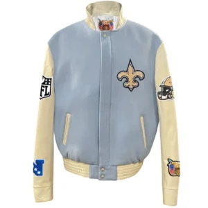New Orleans Saints Baby Blue Wool & Leather Varsity Jacket