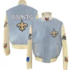 New Orleans Saints Baby Blue Wool & Leather Varsity Jacket - Image 3