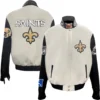 New Orleans Saints Jeff Hamilton Off White Wool & Leather Varsity Jacket - Image 3