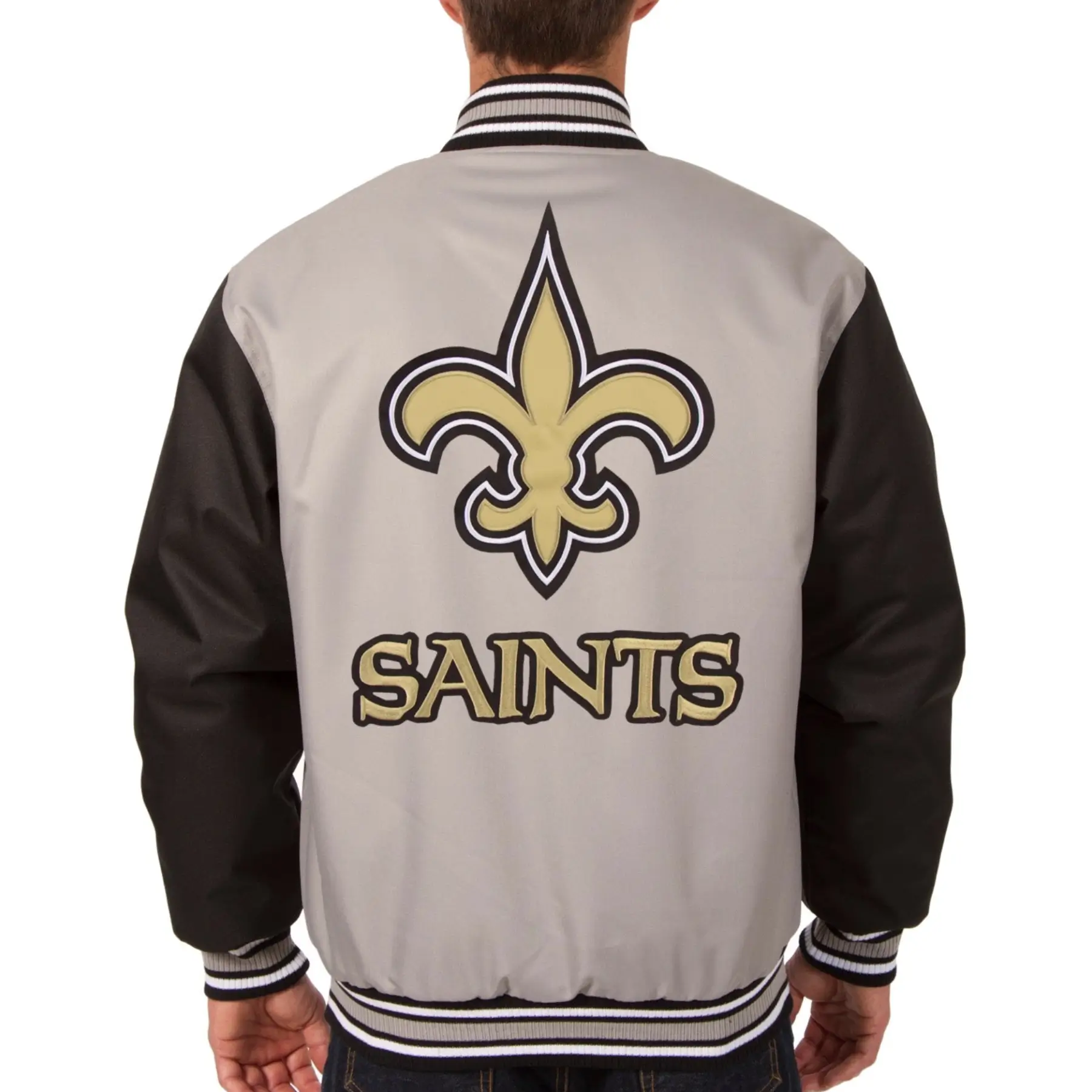 New Orleans Saints Satin Varsity Jacket Gray & Black - Image 2