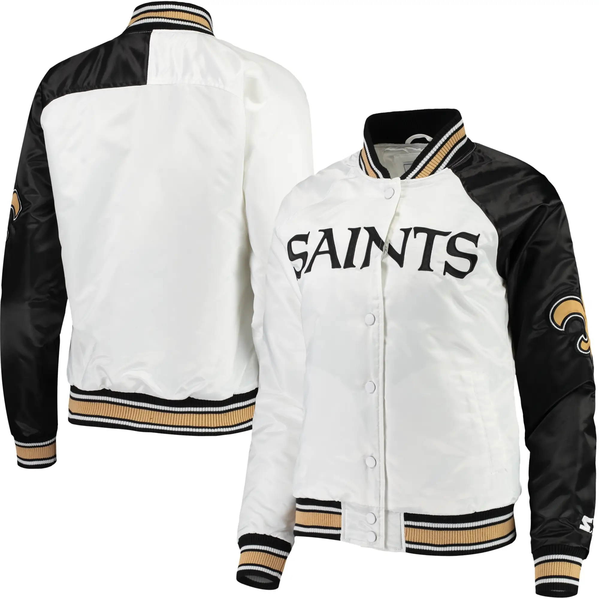 New Orleans Saints Starter Hometown Satin Varsity Jacket White & Black - Image 3