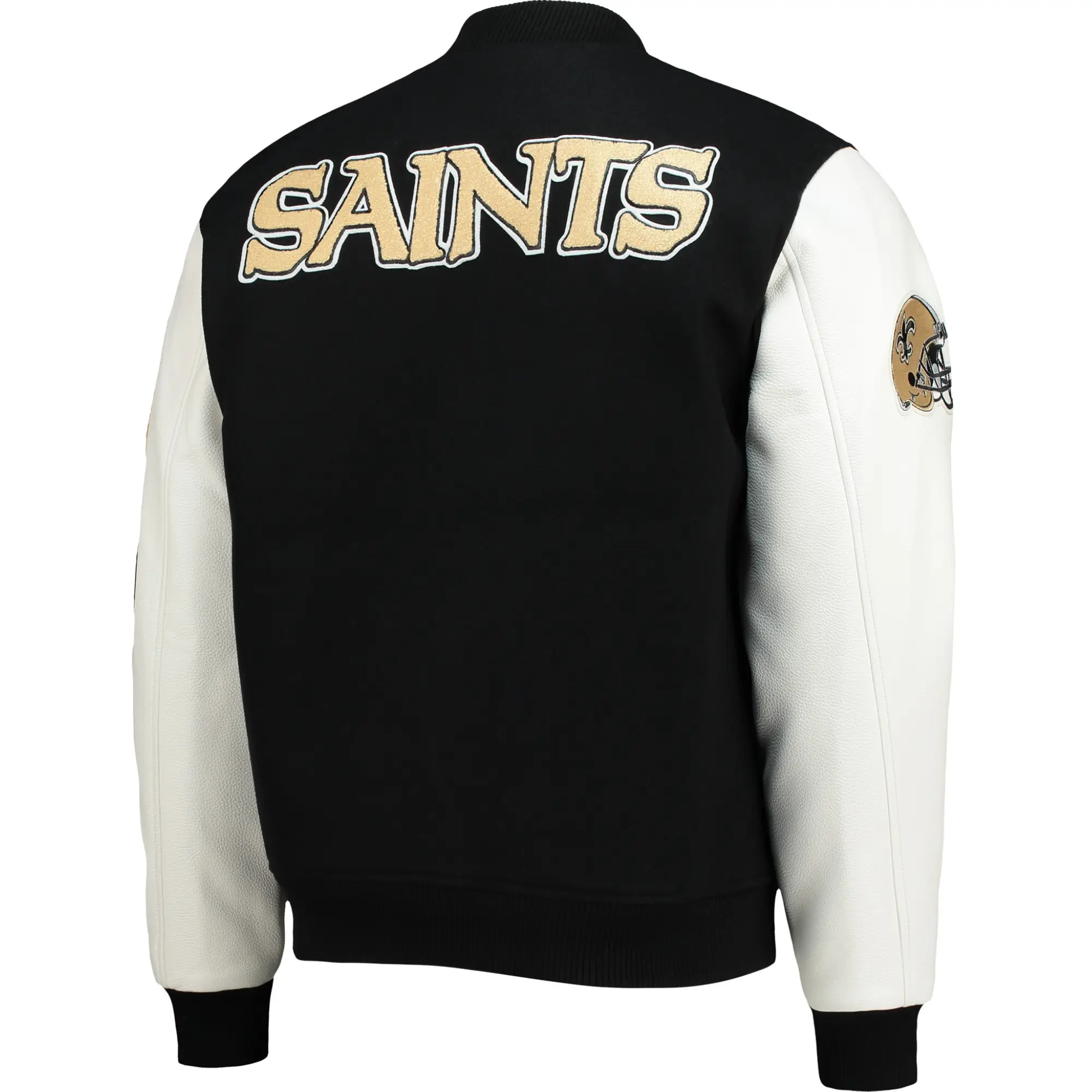 New Orleans Saints Classic Black & White Logo Wool & Leather Varsity Jacket - Image 2