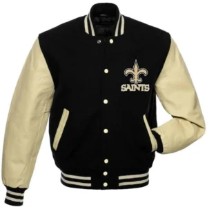 New Orleans Saints Letterman Wool & Leather Varsity Jacket Snap Button Closure