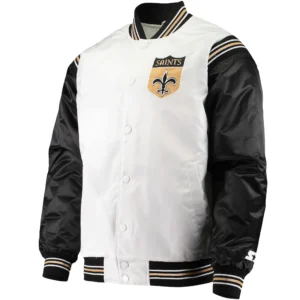 New Orleans Saints The Enforcer Starter Logo White & Black Satin Varsity Jacket