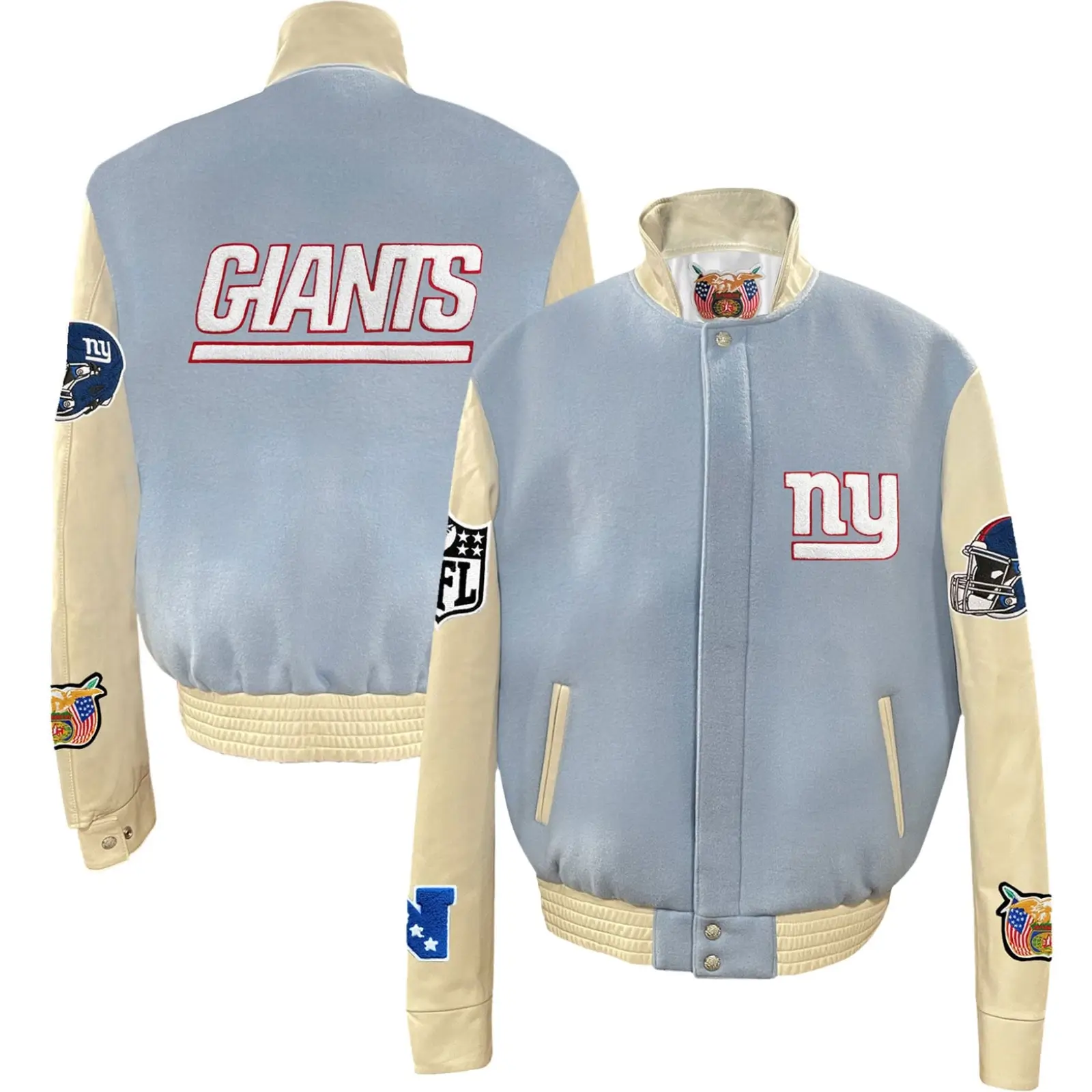 New York Giants Baby Blue Wool & Faux Leather Varsity Jacket - Image 3