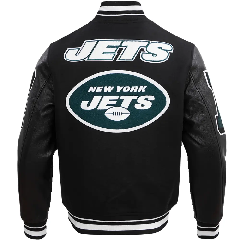New York Jets Classic Mashup Rib Black Wool & Leather Varsity Jacket - Image 2