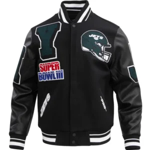 New York Jets Classic Mashup Rib Black Wool & Leather Varsity Jacket