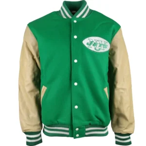 New York Jets Letterman Classic Rib Wool & Leather Varsity Jacket Green & Beige