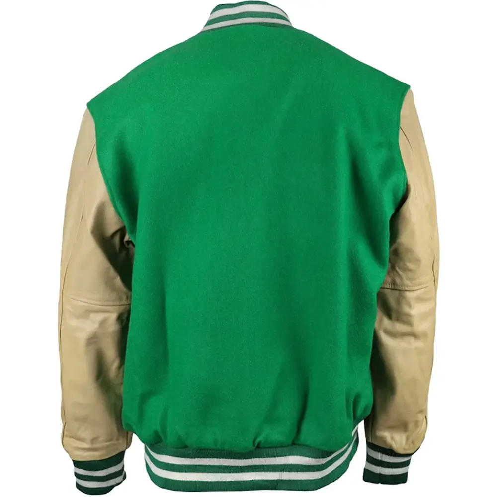 New York Jets Letterman Classic Rib Wool & Leather Varsity Jacket Green & Beige - Image 2