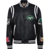 New York Jets Jeff Hamilton Full Black Leather Vegan Full-Snap Varsity Jacket