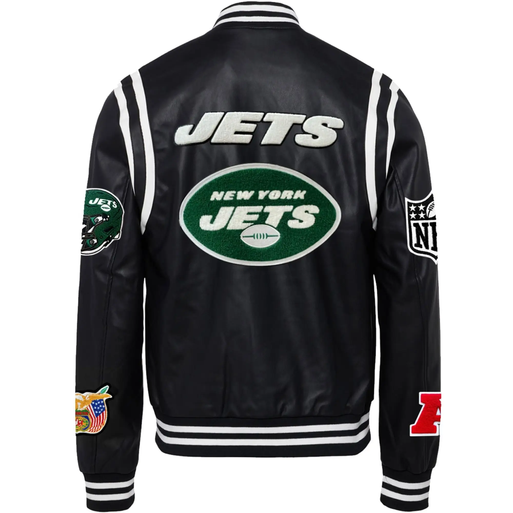 New York Jets Jeff Hamilton Full Black Leather Vegan Full-Snap Varsity Jacket - Image 2
