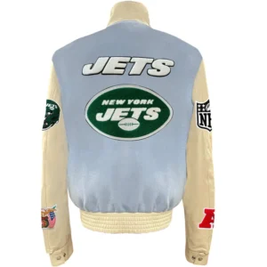 Alternative view of New York Jets Baby Blue Stand Up Collar Wool & Leather Varsity Jacket