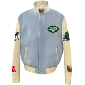 New York Jets Baby Blue Stand Up Collar Wool & Leather Varsity Jacket